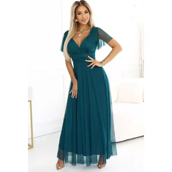 Dámské šaty 562-4 NASTIA Dlouhé šaty s výstřihem a krátkými rukávy - ZELENÉ UNI