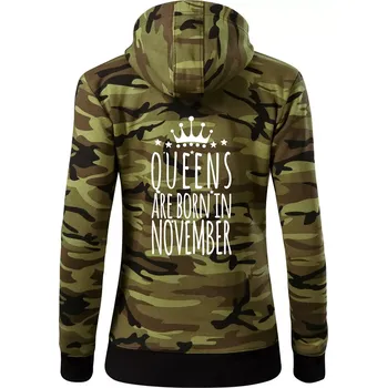 Dámská mikina Queens are born in November - Dámská mikina trendy zipper s kapucí - XS ( Zelený maskáč )