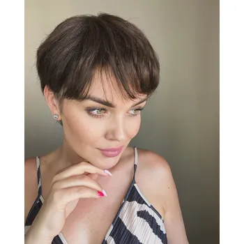 Paruka Tmavě hnědá pixie paruka z pravých a umělých vlasů Coralie