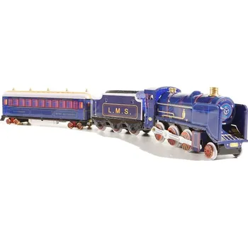 Blechfabrik Steam railway locomotive with tender and passenger car blue,