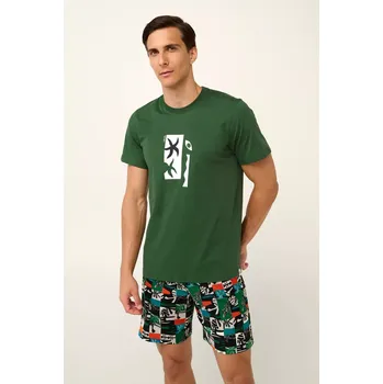 Pánské pyžamo Pánské letní pyžamo Vamp s potiskem a vzorovanými šortkami 22620 zelené velikost L