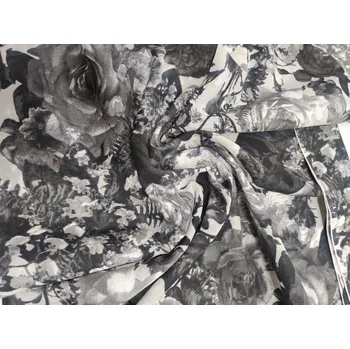 Popelín černé květy na ecru