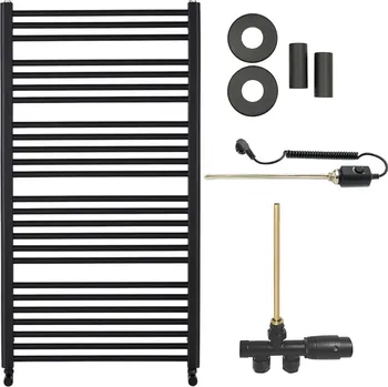 Radiátor CERANO - Koupelnový radiátorový set Alberto - kombinované vytápění, termo tyč - boční jednobodové připojení - 716W - černá matná - 1180x650 mm