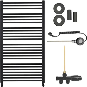 Radiátor CERANO - Koupelnový radiátorový set Alberto - kombinované vytápění, wifi tyč - boční jednobodové připojení - 716W - černá matná - 1180x650 mm