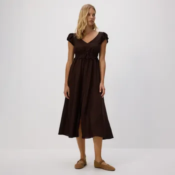 Dámské šaty Reserved - Lněné midi šaty - hnědá - 667EH-88X - 667EH-88X-XL