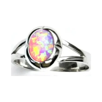 Prsten Zlatý prsten, bílé i žluté zlato, růžový syntetický opál - T 1374 (opál 8x6 mm)