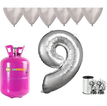 Helium do balónku HeliumKing Helium párty set na 9. narozeniny se stříbrnými balónky