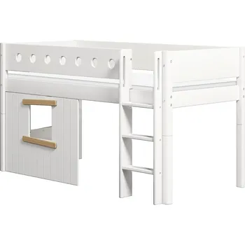 Dětská postel Flexa Zvýšená postel Flexa - White s rovným žebříkem a s čely zahradního domku (bílá/dub)