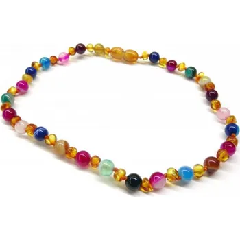 Náhrdelník Prosperk Medové jantarové korálky pro děti jantar a mnohobarevný achát 32cm S0759