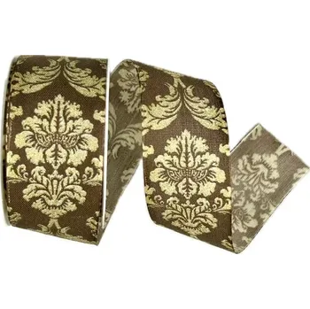 Stuha Vánoční stuha ROYAL NIGHT BROWN hnědá 40mm x 3m (12,-Kč/m) (Vánoční stuha taftová, čokoládově hnědá, bohatý zlatý potisk, s vlascem v lemu)