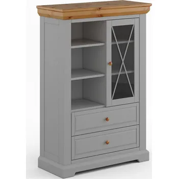 Knihovna Vitrína sklo, Marone ELITE, kouřově šedá - přírodní borovice, rozměr 140x95x41