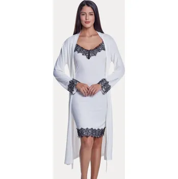 Dámská noční košile Luisa Moretti Dámská bambusová košilka LORA s županem, Krémová, , Bambusové vlákno 100%, Dlouhý - vel. S