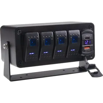 Panel s 4x spínači Rocker, voltmetr + USB/USB-C zásuvka, 12/24V