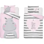 Oboustranné bavlněné povlečení hrošík - bílorůžové s proužky
