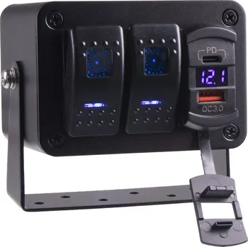 Panel s 2x spínači Rocker, voltmetr + USB/USB-C zásuvka, 12/24V