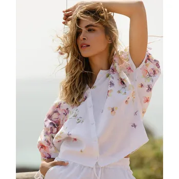 Dámská halenka Magic Linen Lněný top s nafouknutými rukávy GAYA v světle fialové barvě Velikost: L