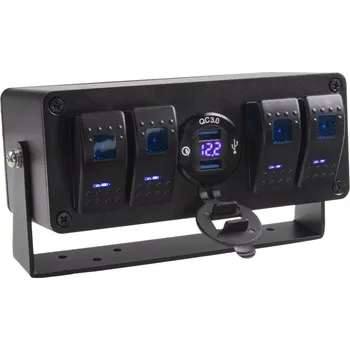 Panel s 4x spínači Rocker, voltmetr + 2x USB zásuvka, 12/24V