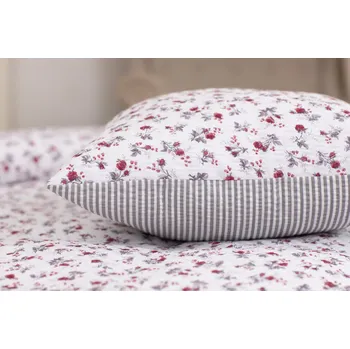 Povlak na dekorativní polštářek Podpěrová s.r.o. Povlak na polštář jednoduchý KYTIČKA BORDÓ / šedý proužek Velikost: 40x40 cm BAVLNA N