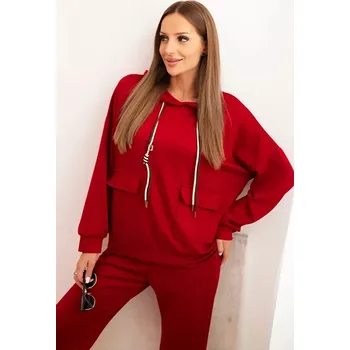 Dámská souprava máslová mikina s kapucí a kalhoty s páskem bordó UNI