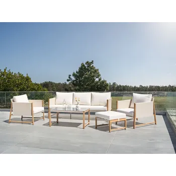 Zahradní sestava Zahradní sedací souprava světle béžová kovový rám imitace dřeva skleněný stůl 3místná pohovka taburet křesla moderní styl Beliani