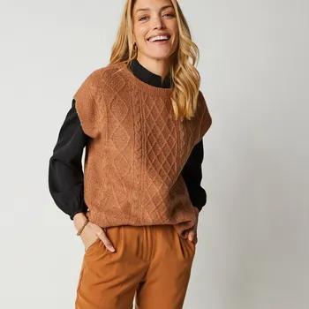 Dámská vesta Vesta z úpletu s copánkovým vzorem karamelová 54