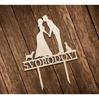 Svatební dekorace Dřevěný dortový zápich se jménem - Polibek 100mm