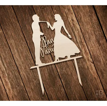 Svatební dekorace Dřevěný dortový zápich - Pan a Paní 100mm
