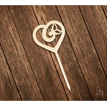 Svatební dekorace Dřevěný dortový zápich - Srdce s motýlem 100mm