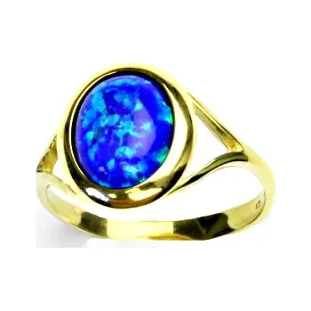 Prsten Zlatý prsten, žluté zlato, tmavě modrý syntetický opál - T 1453 (opál 10x8 mm)