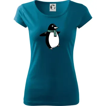 Dámské tričko Tučňák se zelenou šálou - Dámské triko Pure - L ( Petrolejová )