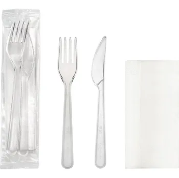 Jednorázové nádobí Příborový set PS vidlička+nůž 18cm transparent - REUSE + ubrousek - 250 ks