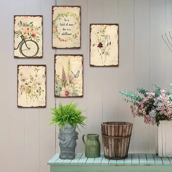 Obraz BAF Nádherný soubor pěti vintage cedulí Květiny