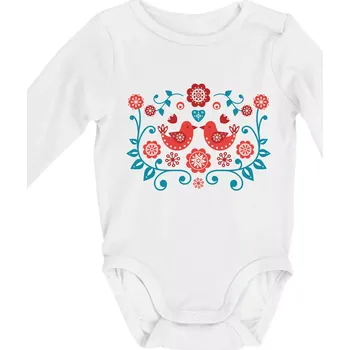 folklor - dva červení ptáčci - Body kojenecké s dlouhým rukávem - Dlouhý r. do 3 měs ( Bílá )