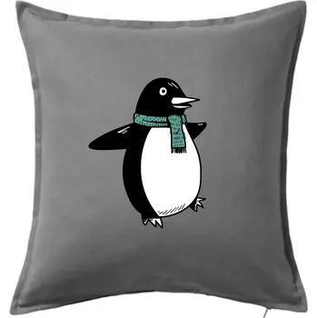 Polštář Tučňák se zelenou šálou - Polštář 50x50 - 50x50 - Pouze potah ( Tmavě šedý melír )