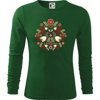 Pánské oblečení Folklór - hnědí ptáčci - Triko s dlouhým rukávem FIT-T long sleeve - 3XL ( Lahvově zelená )