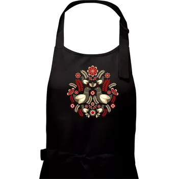 Kuchyňská zástěra Folklór - hnědí ptáčci - Dámská zástěra na vaření - Univerzální velikost ( Černá )