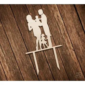 Svatební dekorace Dřevěný dortový zápich - Manželé se 2 dětmi 100mm