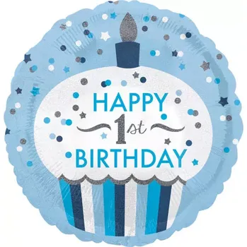 Balónek Foliový balonek Happy 1st birthday holografický modrý 43 cm