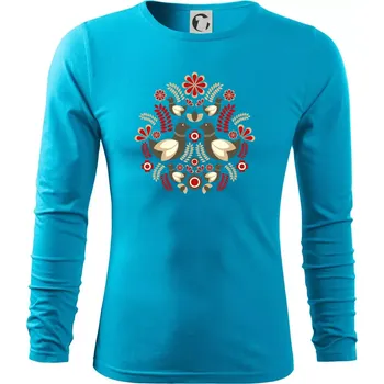Pánské tričko Folklór - hnědí ptáčci - Triko s dlouhým rukávem FIT-T long sleeve - M ( Světlý tyrkys )
