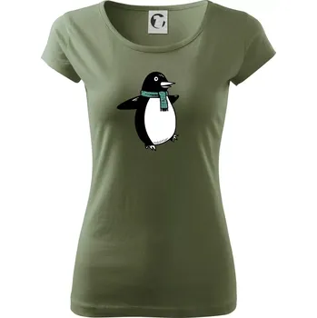 Dámské tričko Tučňák se zelenou šálou - Dámské triko Pure - S ( Khaki )