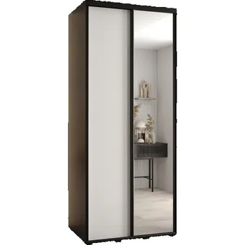 Šatní skříň Šatní skříň s posuvnými dveřmi a zrcadlem DAVOS 120cm | Černá / bílá / černé pojezdy