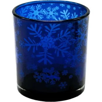 Vánoční svícen Svícen skleněný L Modré vločky 12*10cm 9306072