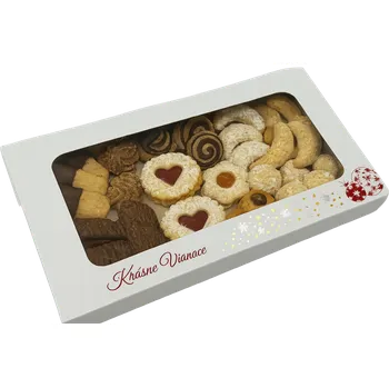 Dárková krabička Vánoční krabička bílá se barevnou ražbou se SLOVENSKÝM TEXTEM na 1 kg cukroví 25x15x7 cm