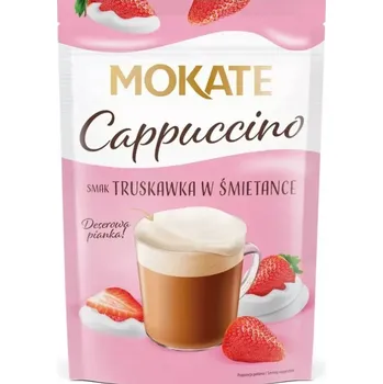 Káva MOKATE Cappuccino STRAWBERRY a CREAM flavour 110g (Cappuccino, instantní kávový nápoj v prášku s příchutí krémových jahod)