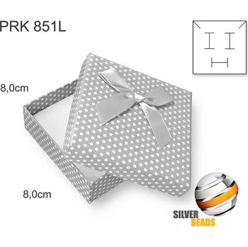 Dárková krabička Krabička na šperky. Materiál papír . Ozn. PRK 851L. Velikost 8x8cm. Barva ŠEDÁ s puntíky a ozdobnou stužkou.