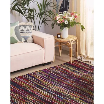 Bytový textil Koberec vícebarevný černý bavlna 140 x 200 cm obdélníkový pruhovaný krátký vlas ručně tkaný moderní styl Beliani