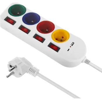 Prodlužovací kabel Napájecí lišta Maclean, prodlužovací kabel se 4 zásuvkami + USB A/C, s přepínači, 250 VAC/10A, 1,5 m, bílá, MCE508 W