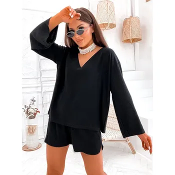 Dámská halenka Černý lněný dámský komplet - oversize halenka a šortky (752), odstíny černé XL (42) i392_24164-53