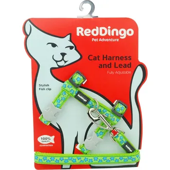 Postroj pro kočku RED DINGO s vodítkem Stars Turquoise on Lime Green