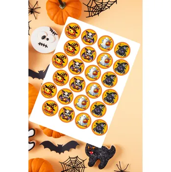 Jedlá dekorace na dort Fondánový list s výřezem "Halloveen kolečko II." kolečko 4 cm 24 ks